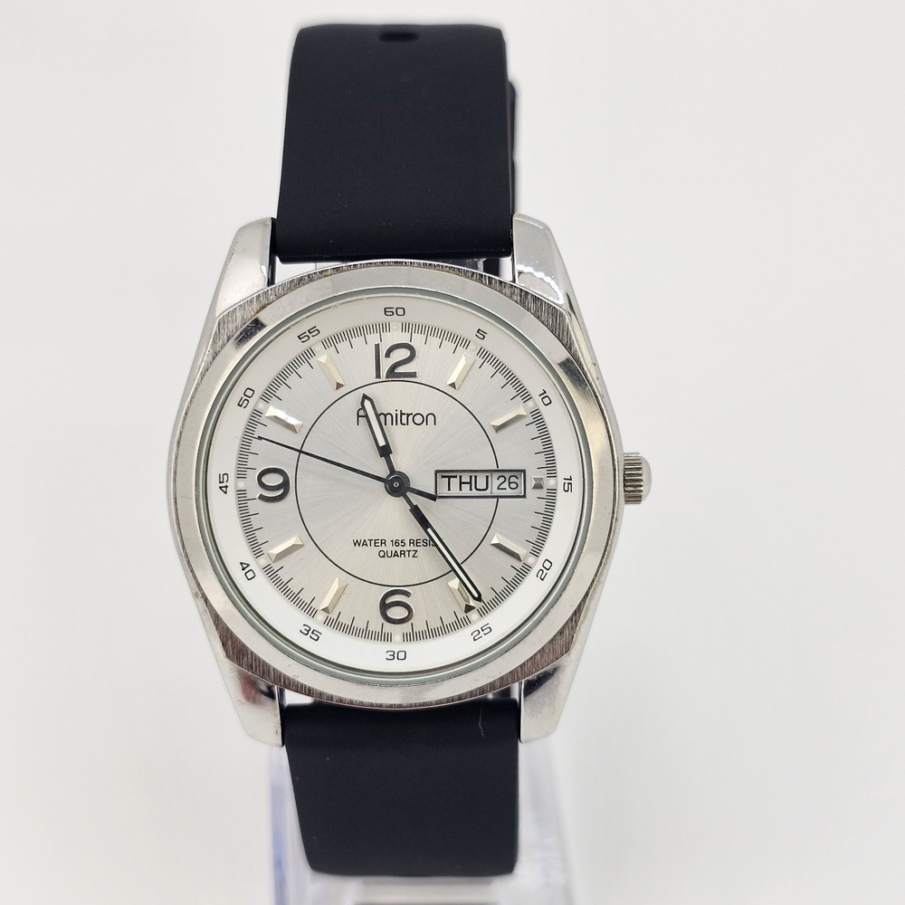 Armitron Men's Watch 38MM Gray Dial Day Date NEW Black Plastic Bands New Battery